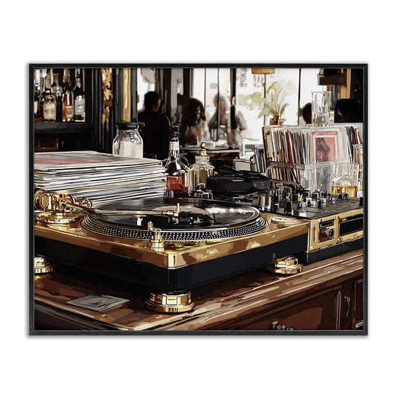 Stupell Industries Work Place Vintage Gold Turntable Black Framed Giclee Art, design by Franklyn Gregory