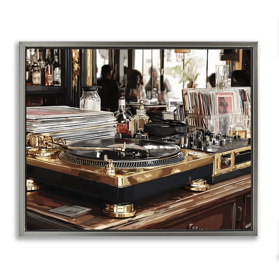 Stupell Industries Glam Work Place Vintage Gold Turntable Gray Floating Frame Canvas Art, 21 x 17, by Franklyn Gregory