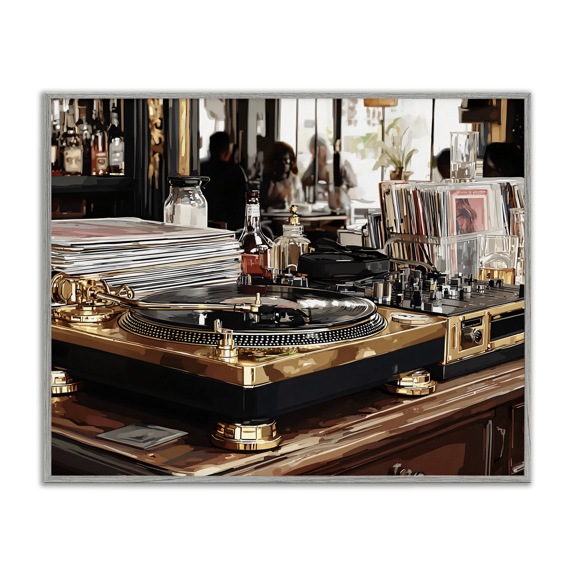 Stupell Industries Work Place Vintage Gold Turntable Gray Framed Giclee Art, design by Franklyn Gregory