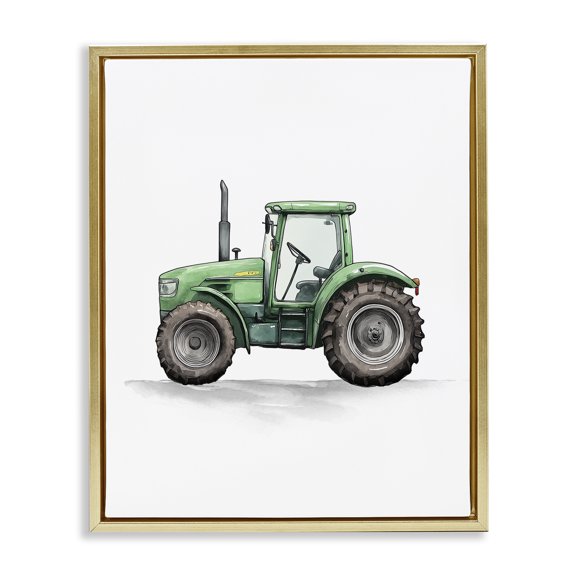 Stupell Industries Working Trucks Green Tractor Transportation Painting Gold Floater Framed Canvas Art Print Wall Art, 17 x 21