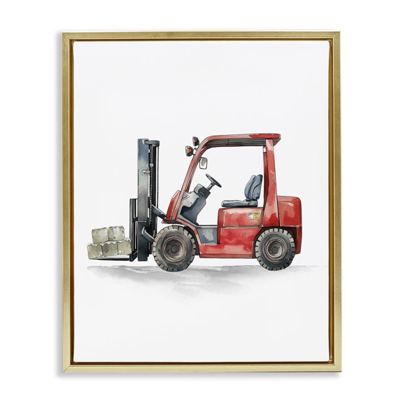 Stupell Industries Working Trucks Red Forklift Transportation Painting Gold Floater Framed Canvas Art Print Wall Art, 17 x 21
