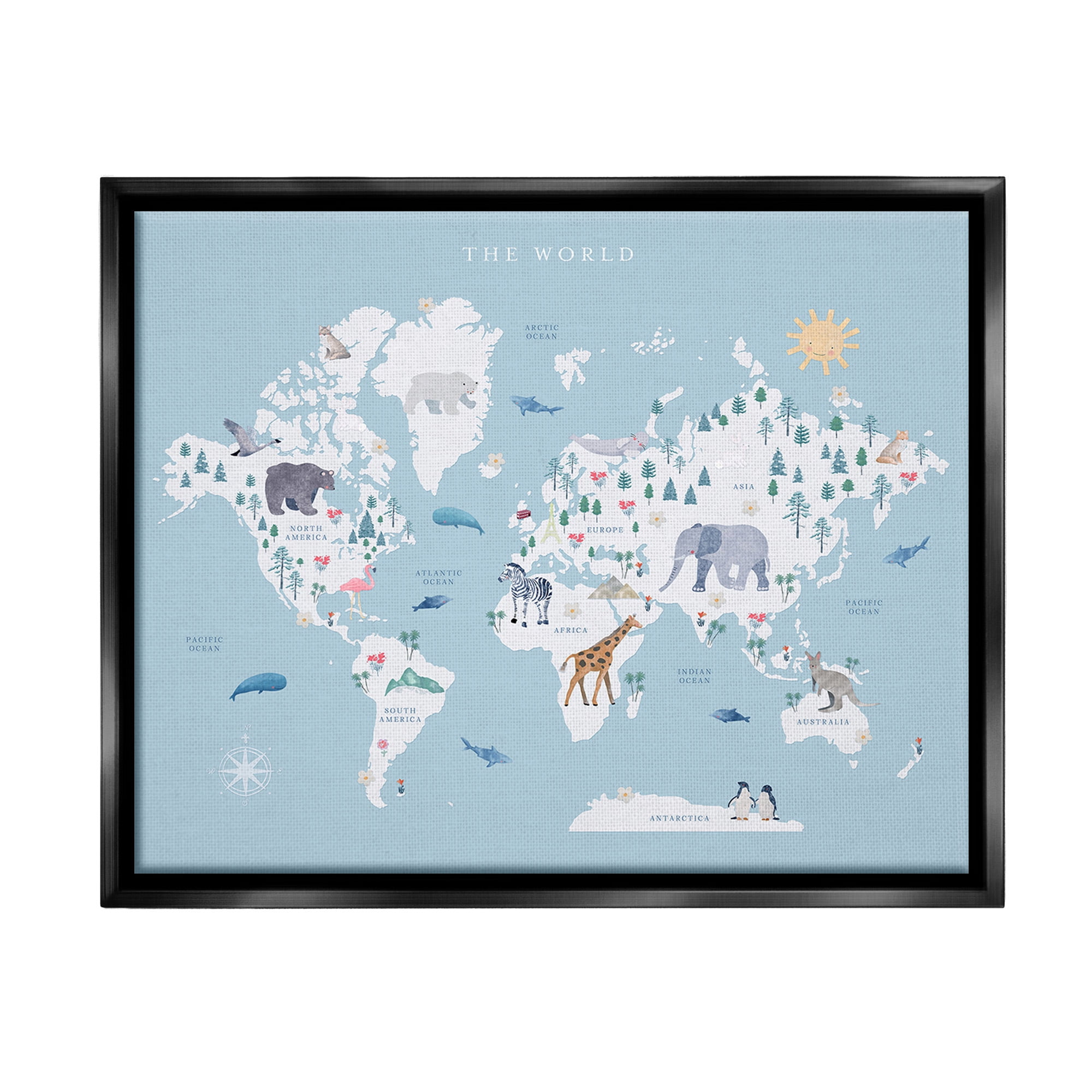 Stupell Industries World Animals Map Animals & Insects Painting Black Floater Framed Canvas Art Print Wall Art, 31 x 25