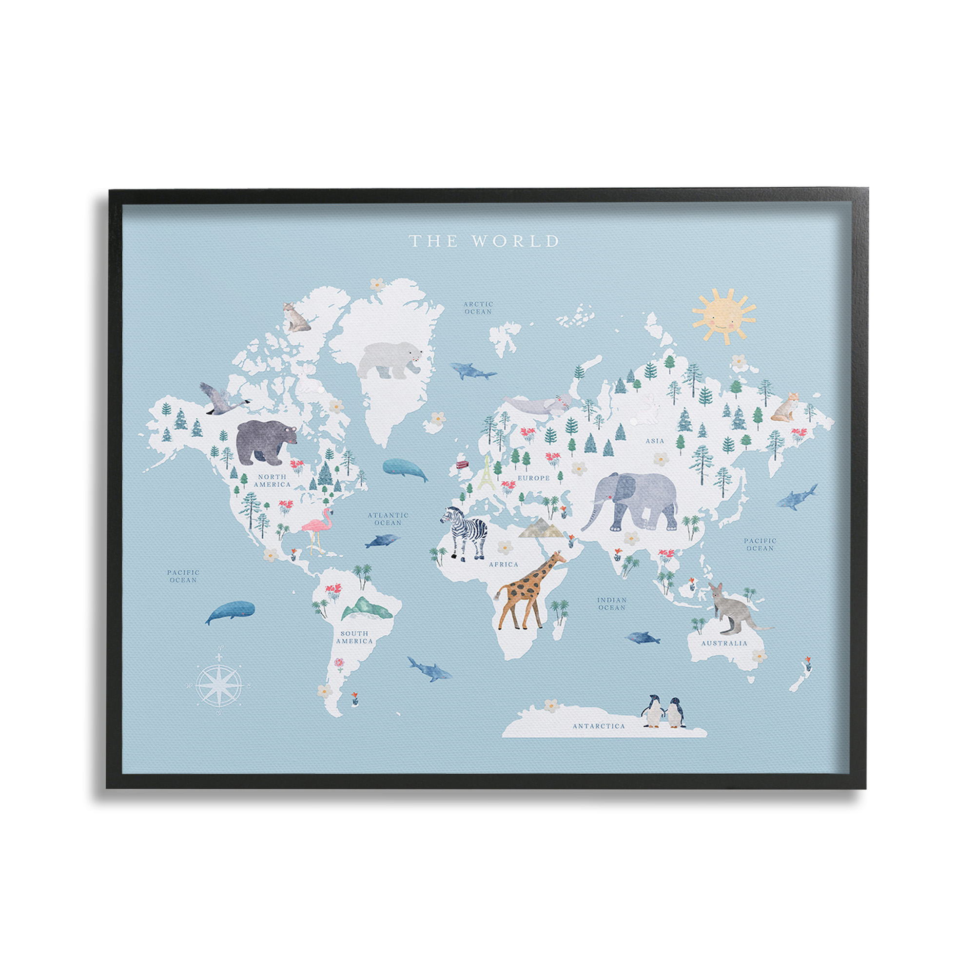 Stupell Industries World Animals Map Animals & Insects Painting Black Framed Art Print Wall Art, 30 x 24
