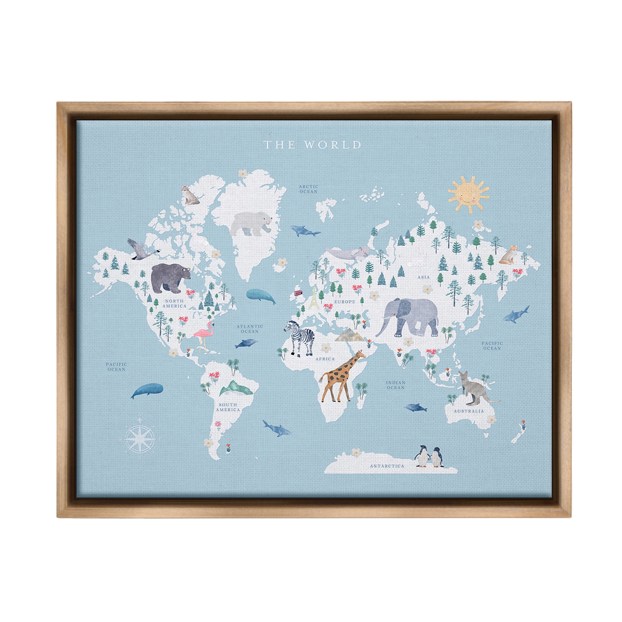 Stupell Industries World Animals Map Animals & Insects Painting Brown Floater Framed Canvas Art Print Wall Art, 21 x 17