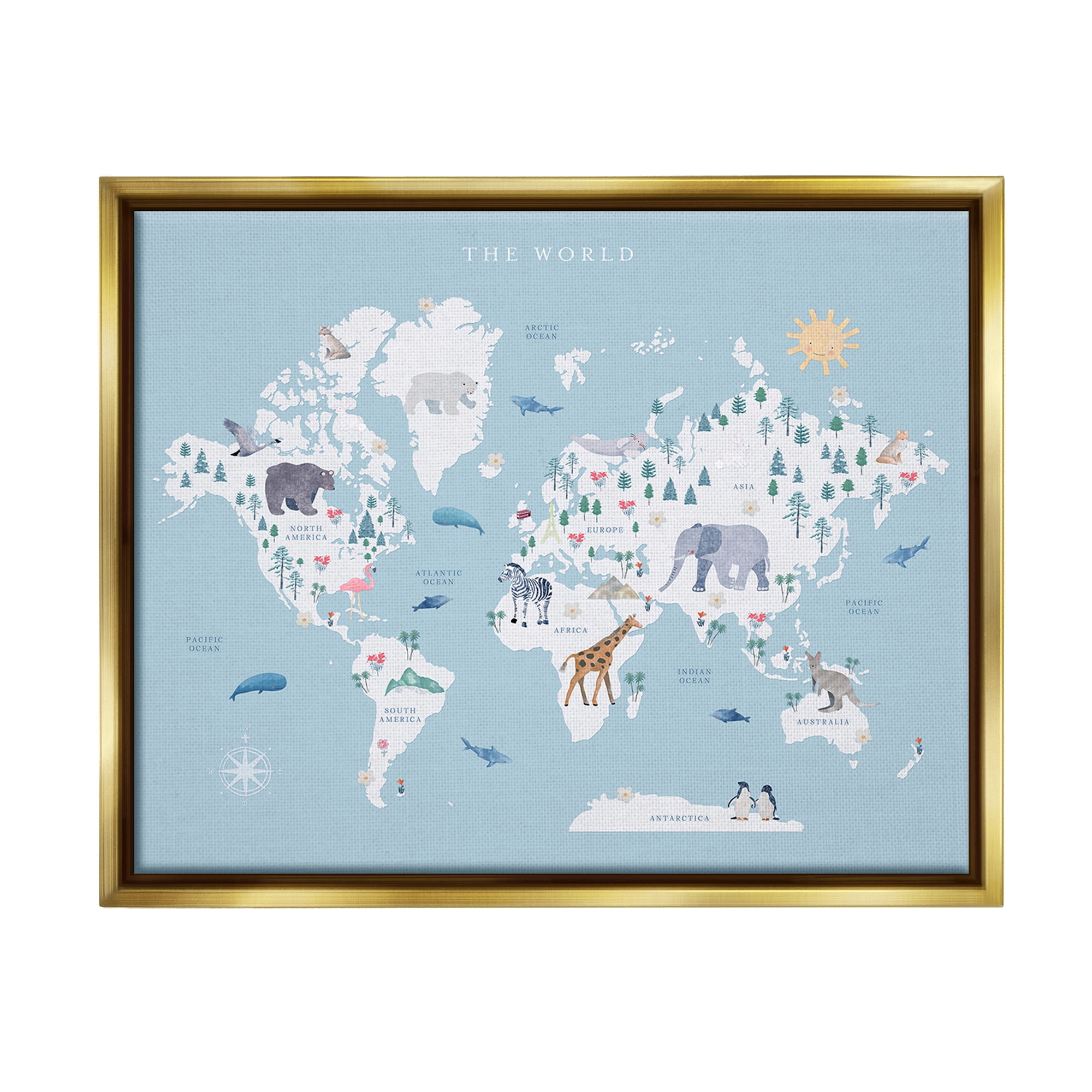 Stupell Industries World Animals Map Animals & Insects Painting Gold Floater Framed Canvas Art Print Wall Art, 31 x 25