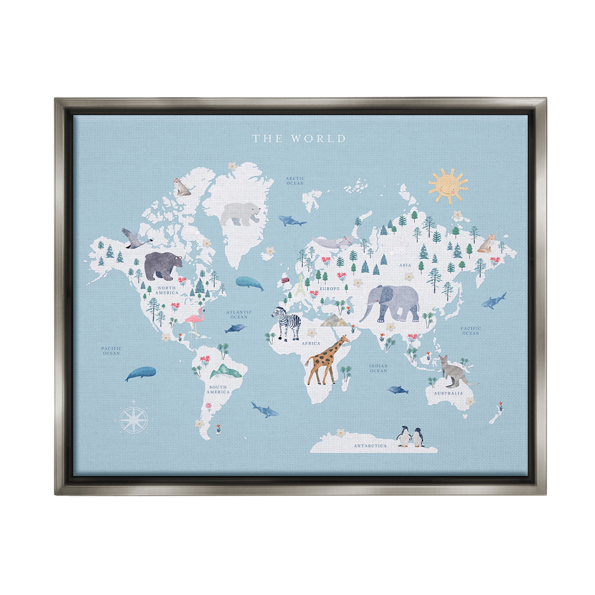 Stupell Industries World Animals Map Animals & Insects Painting Gray Floater Framed Canvas Art Print Wall Art, 31 x 25