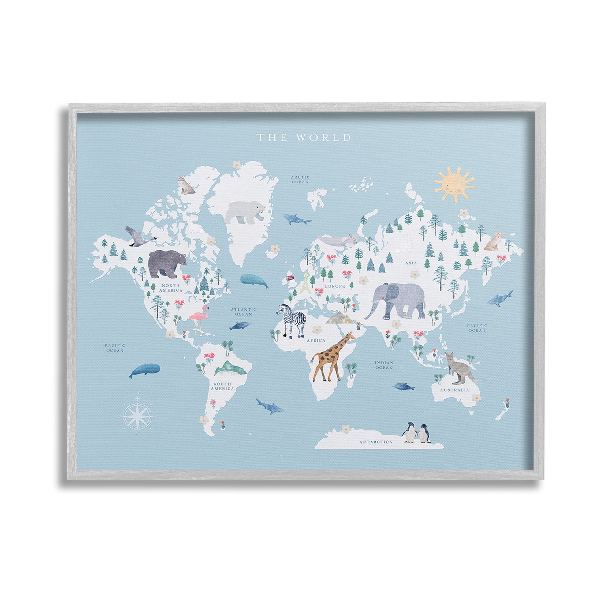 Stupell Industries World Animals Map Animals & Insects Painting Gray Framed Art Print Wall Art, 14 x 11