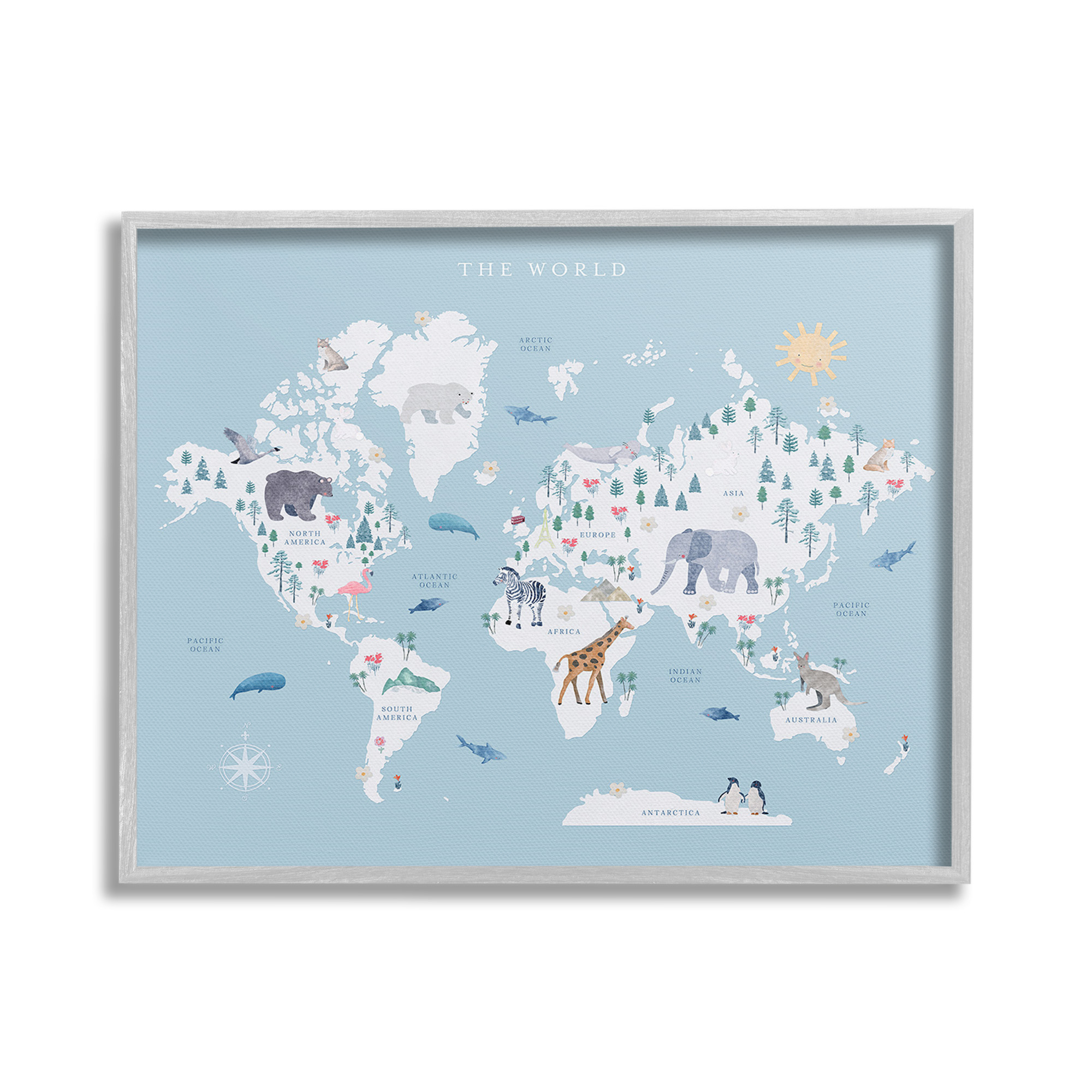 Stupell Industries World Animals Map Animals & Insects Painting Gray Framed Art Print Wall Art, 30 x 24