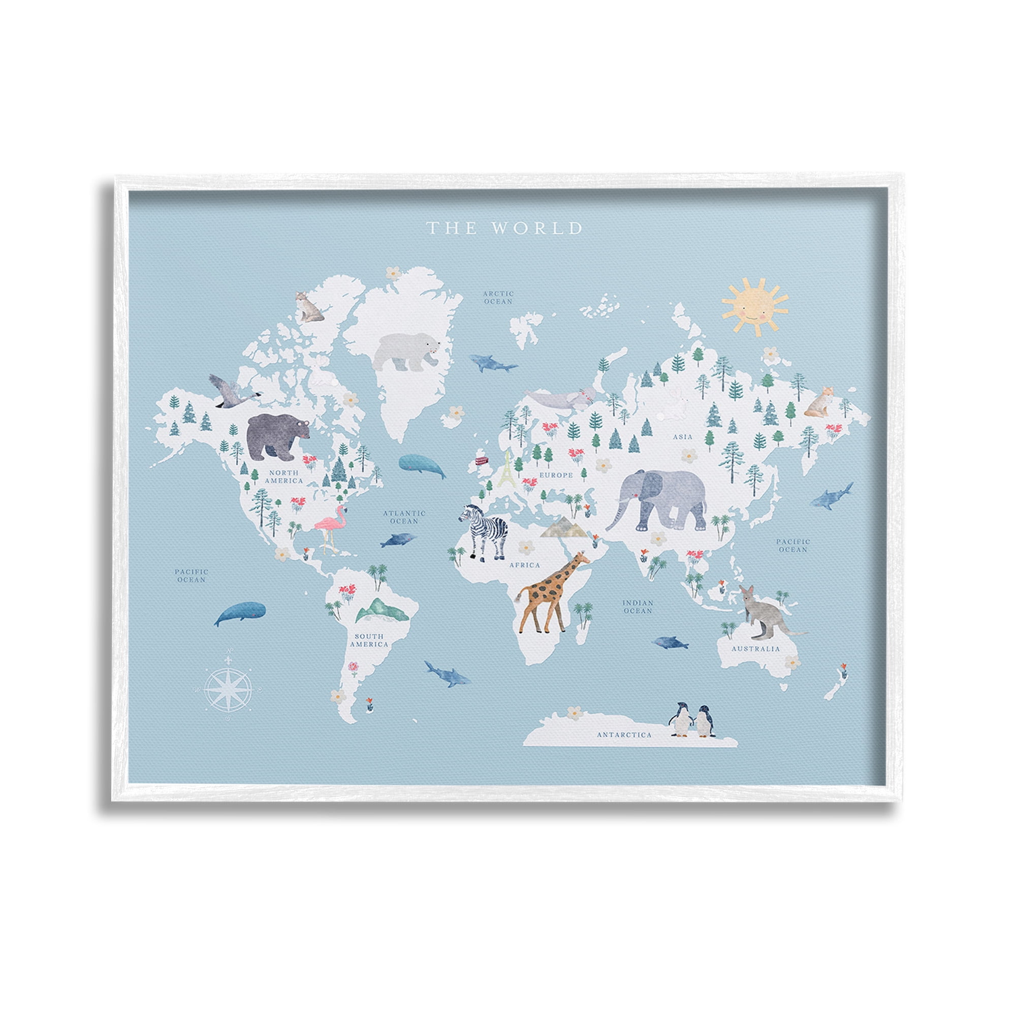 Stupell Industries World Animals Map Animals & Insects Painting White Framed Art Print Wall Art, 14 x 11