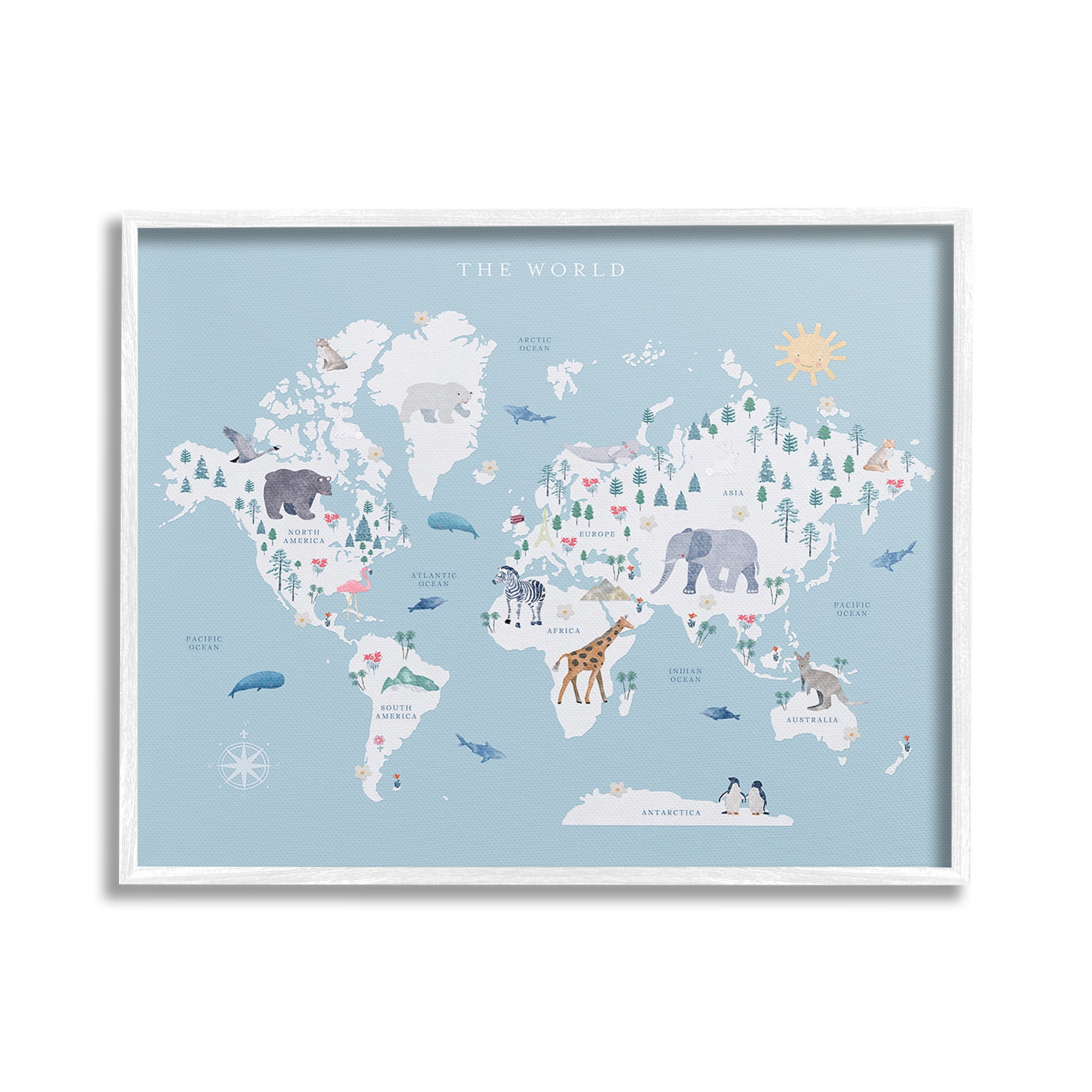 Stupell Industries World Animals Map Animals & Insects Painting White Framed Art Print Wall Art, 20 x 16