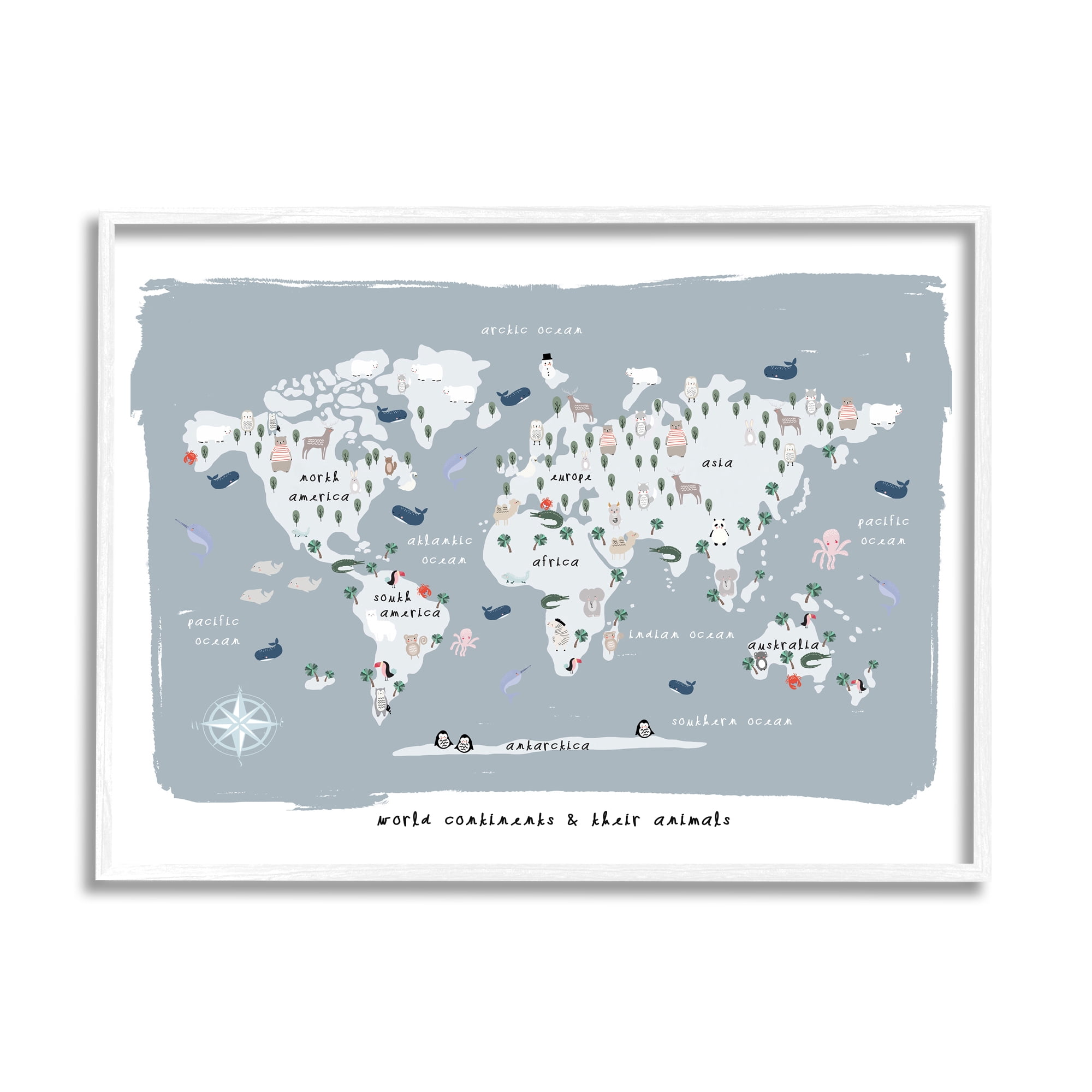 Stupell Industries World Continents and Regional Animals Map Soft Blue, 16 x 20, Designed by Leah Straatsma