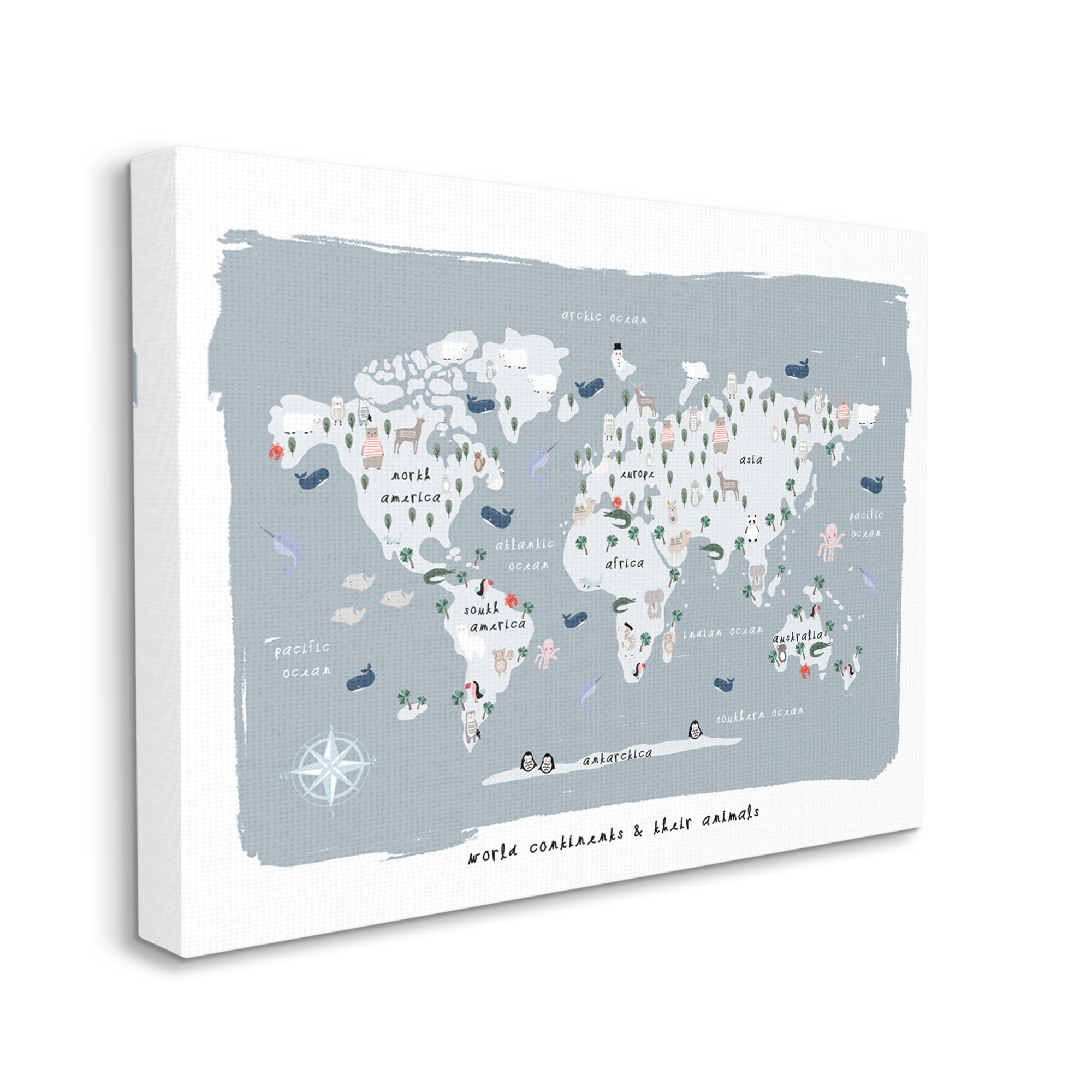 Stupell Industries World Continents and Regional Animals Map Soft Blue, 16 x 20, Designed by Leah Straatsma