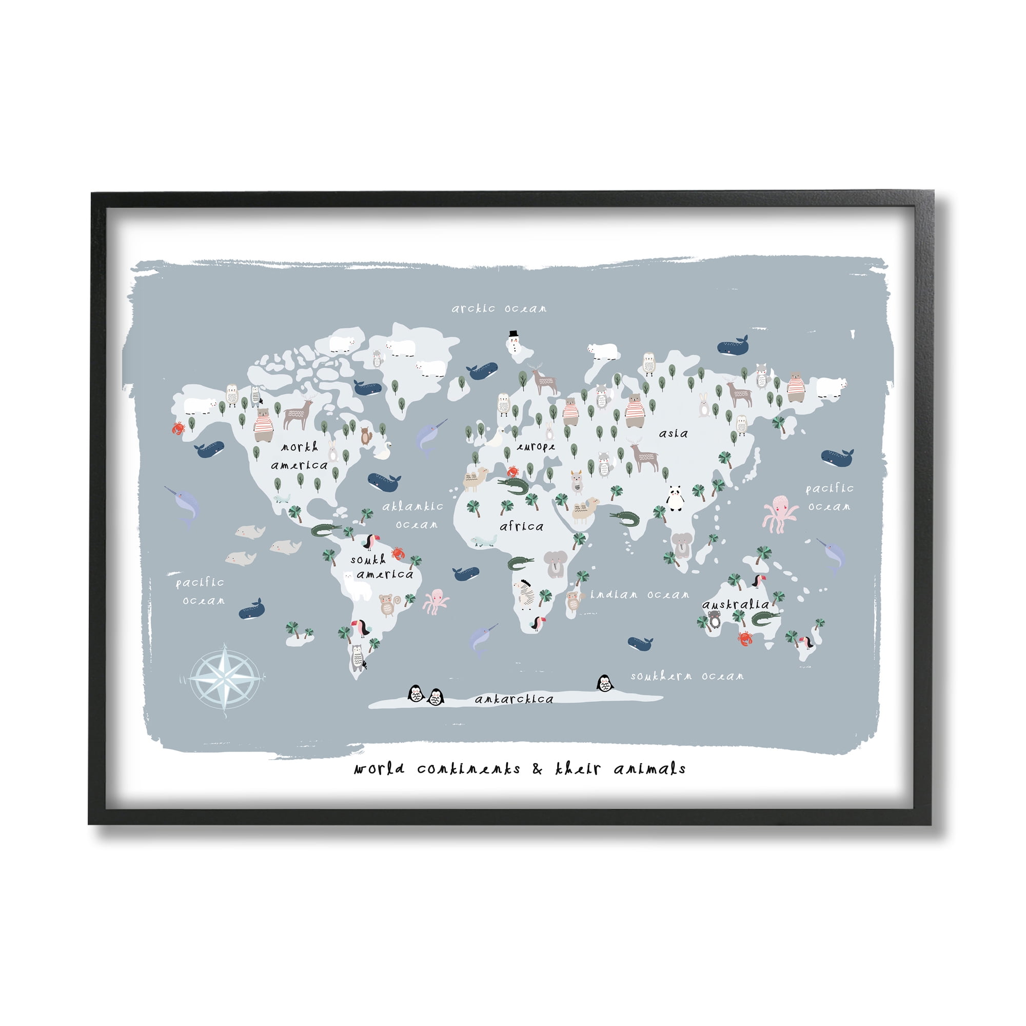 Stupell Industries World Continents and Regional Animals Map Soft Blue, 16 x 20, Designed by Leah Straatsma