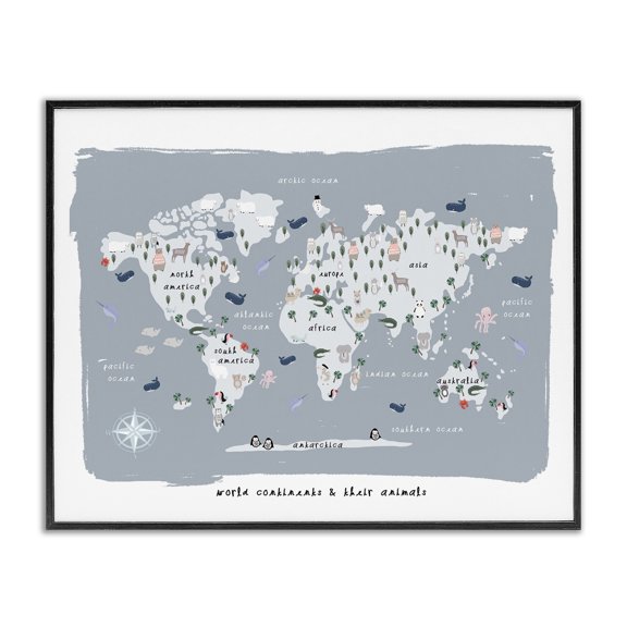 Stupell Industries Bohemian World Continents and Regional Animals Map Soft Blue Black Framed Giclee Art, 30 x 24, by Leah Straatsma