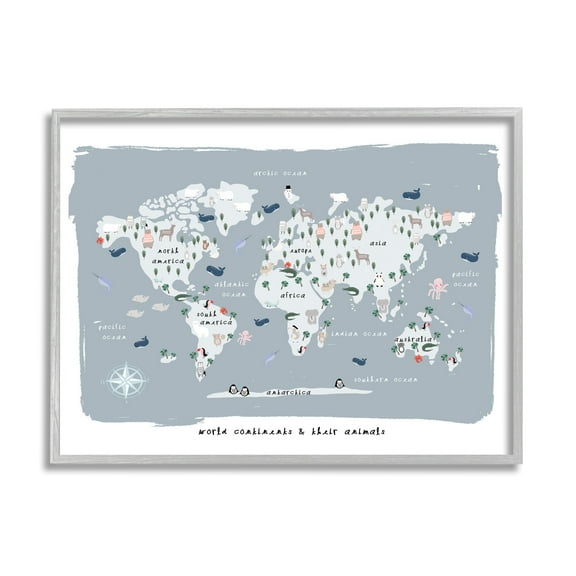 Stupell Industries World Continents and Regional Animals Map Soft Blue Graphic Art Gray Framed Art Print Wall Art, 11x14, by Leah Straatsma