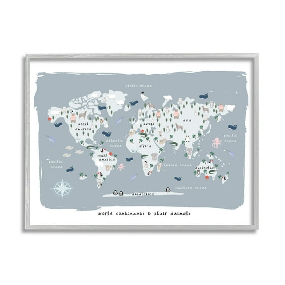 Stupell Industries World Continents and Regional Animals Map Soft Blue Graphic Art Gray Framed Art Print Wall Art, 16x20, by Leah Straatsma
