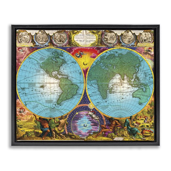 Stupell Industries World Creation Map Map Painting Black Floater Framed Canvas Art Print Wall Art, 21 x 17