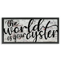 Stupell Industries World Is Your Oyster on Brick Typography Painting Black Floater Framed Canvas Art Print Wall Art, 25 x 11