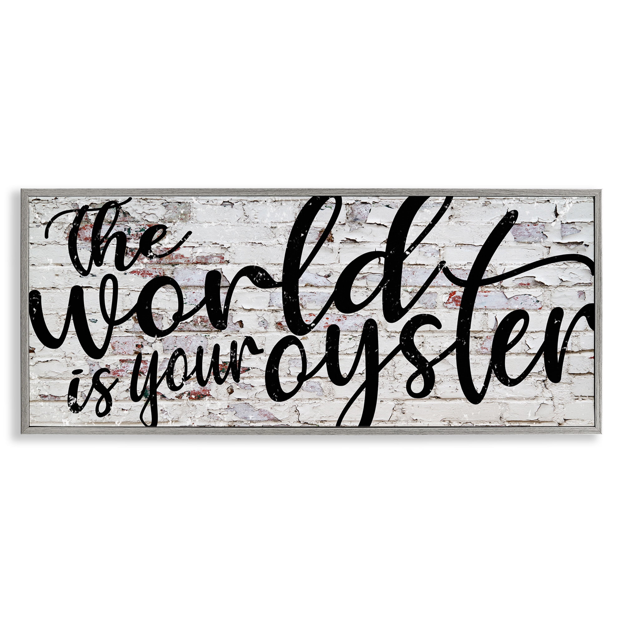 Stupell Industries World Is Your Oyster on Brick Typography Painting Gray Framed Art Print Wall Art, 24 x 10