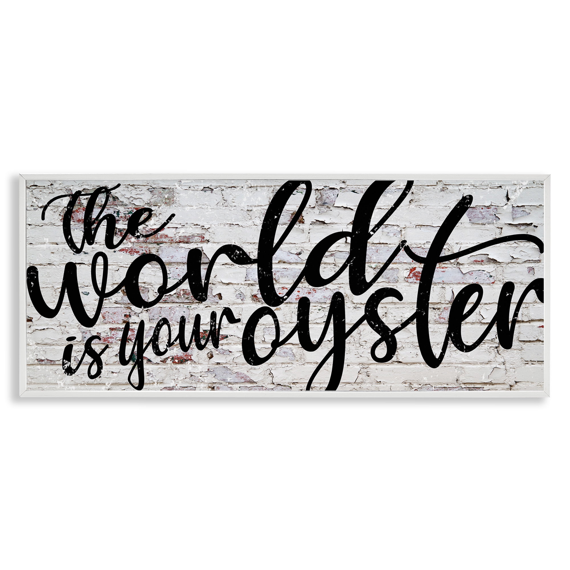 Stupell Industries World Is Your Oyster on Brick Typography Painting White Framed Art Print Wall Art, 30 x 13