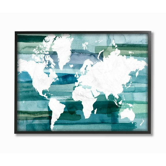 Stupell Industries World Map Blue Green Watercolor Painting Framed Wall Art by Grace Popp