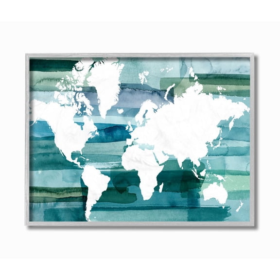 Stupell Industries World Map Blue Green Watercolor Painting Framed Wall Art by Grace Popp