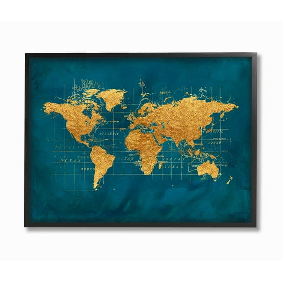 Stupell Industries World Map Gold Blue Texture Watercolor Chart Design Black Framed Art Print Wall Art, 11x14, by Beth Albert
