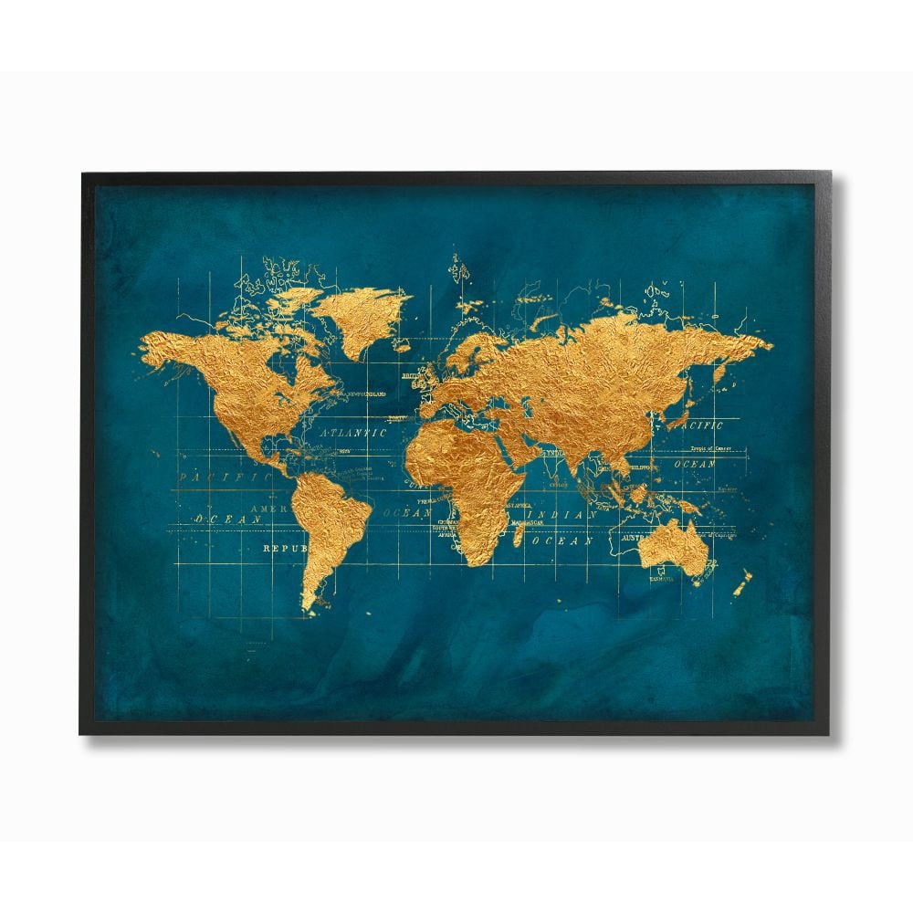 Stupell Industries World Map Gold Blue Texture Watercolor Chart Design Black Framed Art Print Wall Art, 16x20, by Beth Albert