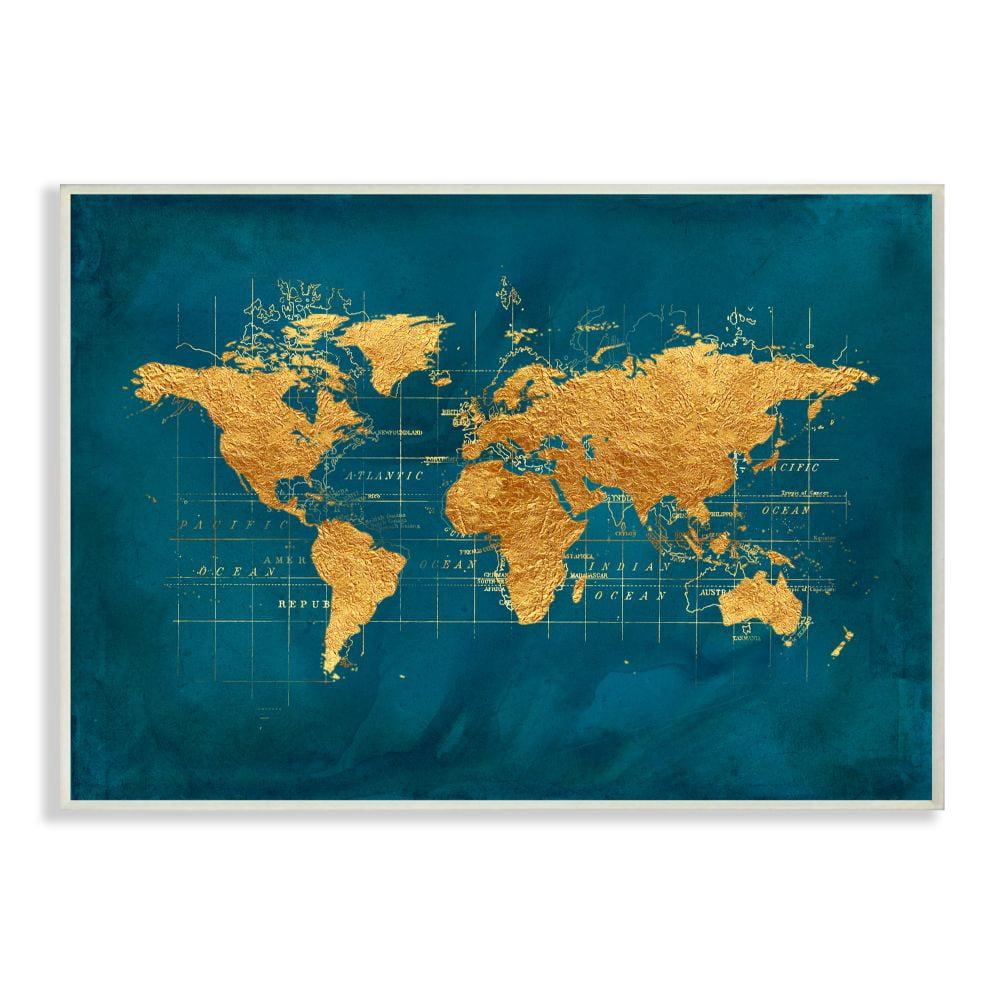 Stupell Industries World Map Gold Blue Texture Watercolor Chart Design Wall Plaque by Beth Albert, 10" x 15", Wall Plaque