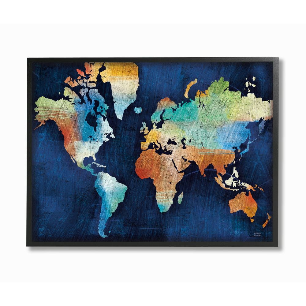 Stupell Industries World Map Modern Rainbow Textured Design Framed Wall Art by Michael Mullen, 16" x 20", Black Framed