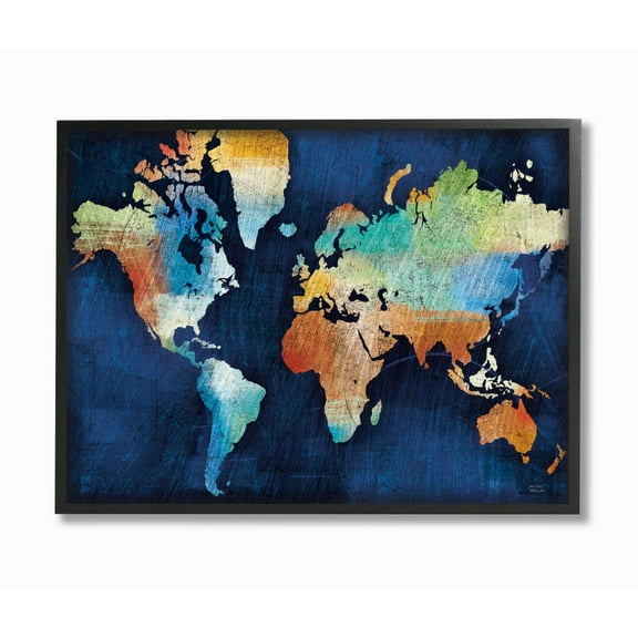 Stupell Industries World Map Modern Rainbow Textured Design Graphic Art Black Framed Art Print Wall Art, 24x30, by Michael Mullen