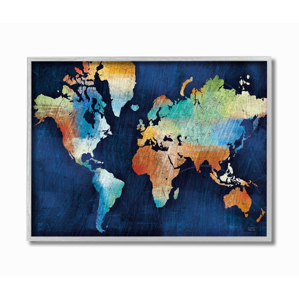 Stupell Industries World Map Modern Rainbow Textured Design Graphic Art Gray Framed Art Print Wall Art, 16x20, by Michael Mullen