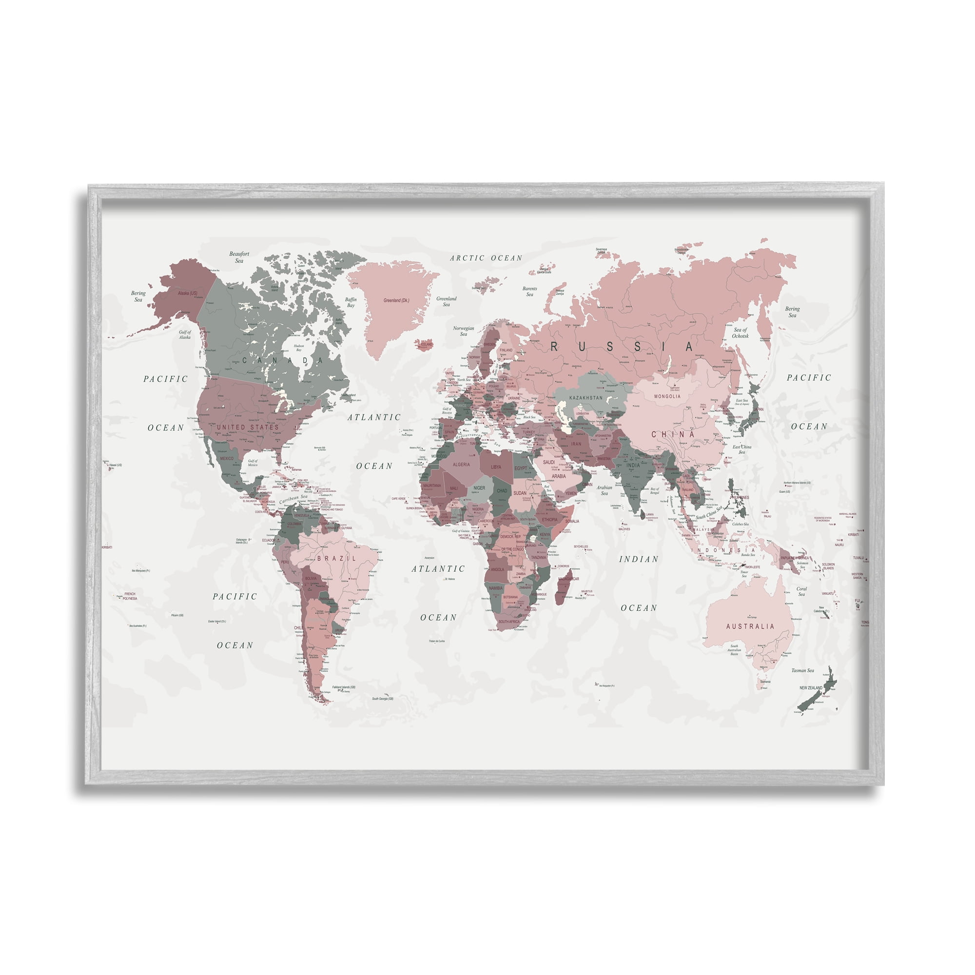 Stupell Industries World Map Patterned Waters Monochromatic Pink Regions, 24 x 30, Designed by Urban Epiphany