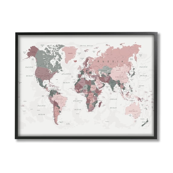Stupell Industries World Map Patterned Waters Monochromatic Pink Regions Novelty Painting Black Framed Art Print Wall Art, 16 x 20, Design by Urban Epiphany