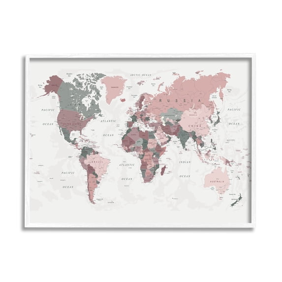 Stupell Industries World Map Patterned Waters Monochromatic Pink Regions Novelty Painting White Framed Art Print Wall Art, 11 x 14, Design by Urban Epiphany