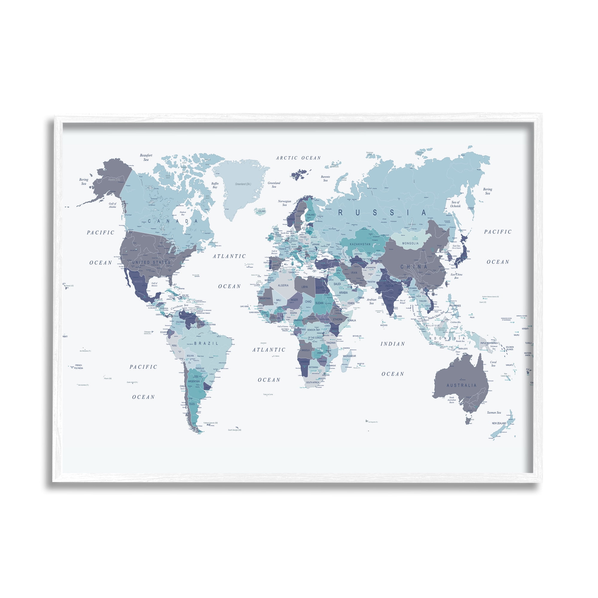 Stupell Industries World Map with Labels Monochromatic Blue Regions, 11 x 14, Designed by Urban Epiphany