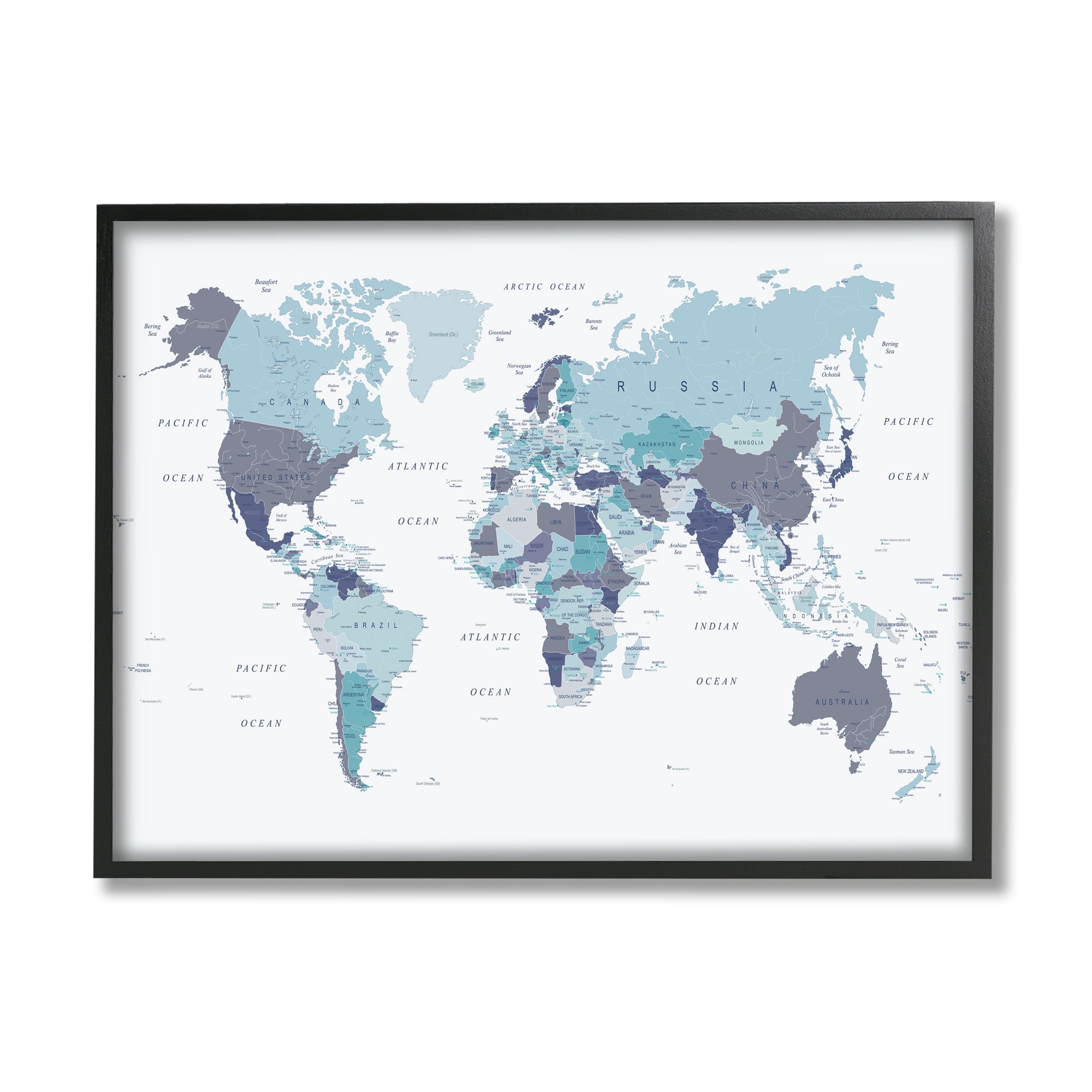 Stupell Industries World Map with Labels Monochromatic Blue Regions, 16 x 20, Designed by Urban Epiphany