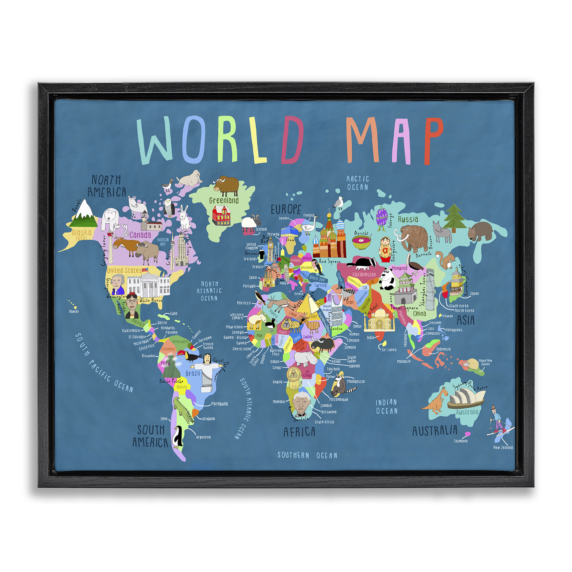 Stupell Industries World Map with Landmarks Education Painting Black Floater Framed Canvas Art Print Wall Art, 31 x 25