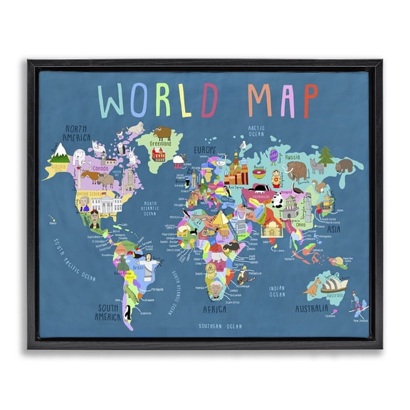 Stupell Industries World Map with Landmarks Education Painting Black Floater Framed Canvas Art Print Wall Art, 31 x 25