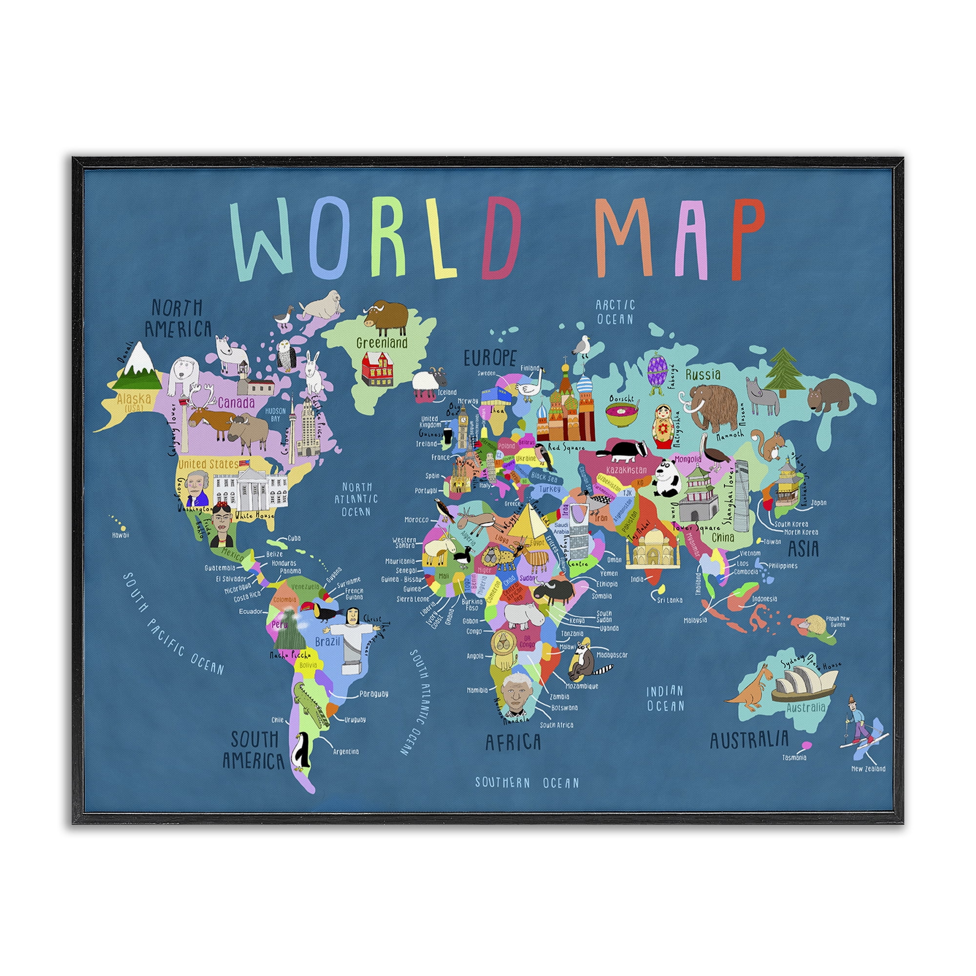 Stupell Industries World Map with Landmarks Education Painting Black Framed Art Print Wall Art, 14 x 11