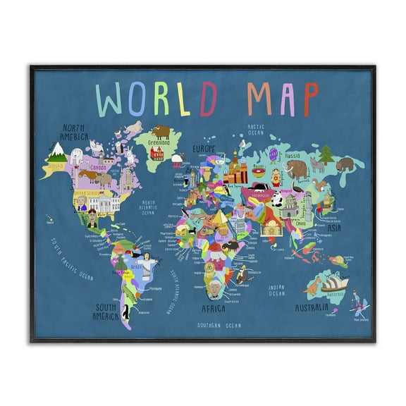 Stupell Industries World Map with Landmarks Education Painting Black Framed Art Print Wall Art, 20 x 16