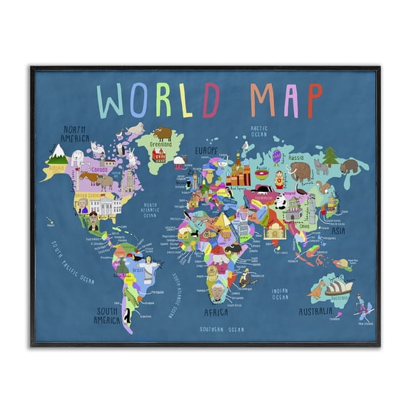 Stupell Industries World Map with Landmarks Education Painting Black Framed Art Print Wall Art, 30 x 24