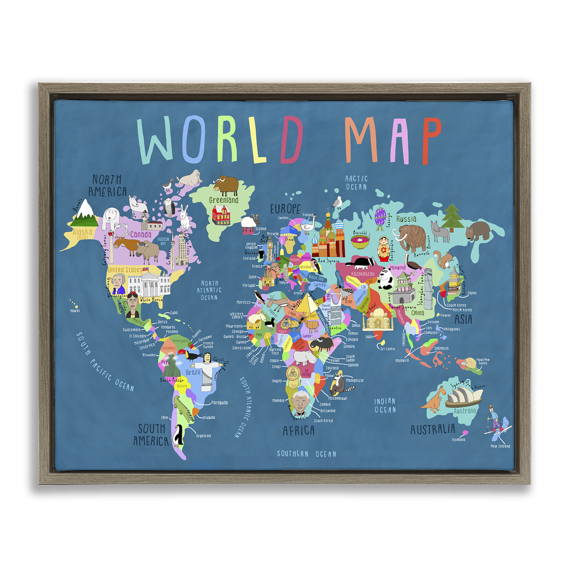 Stupell Industries World Map with Landmarks Education Painting Brown Floater Framed Canvas Art Print Wall Art, 21 x 17