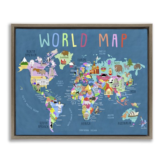 Stupell Industries Modern World Map with Landmarks Brown Floating Frame Canvas Art, 31 x 25, by Carla Daly