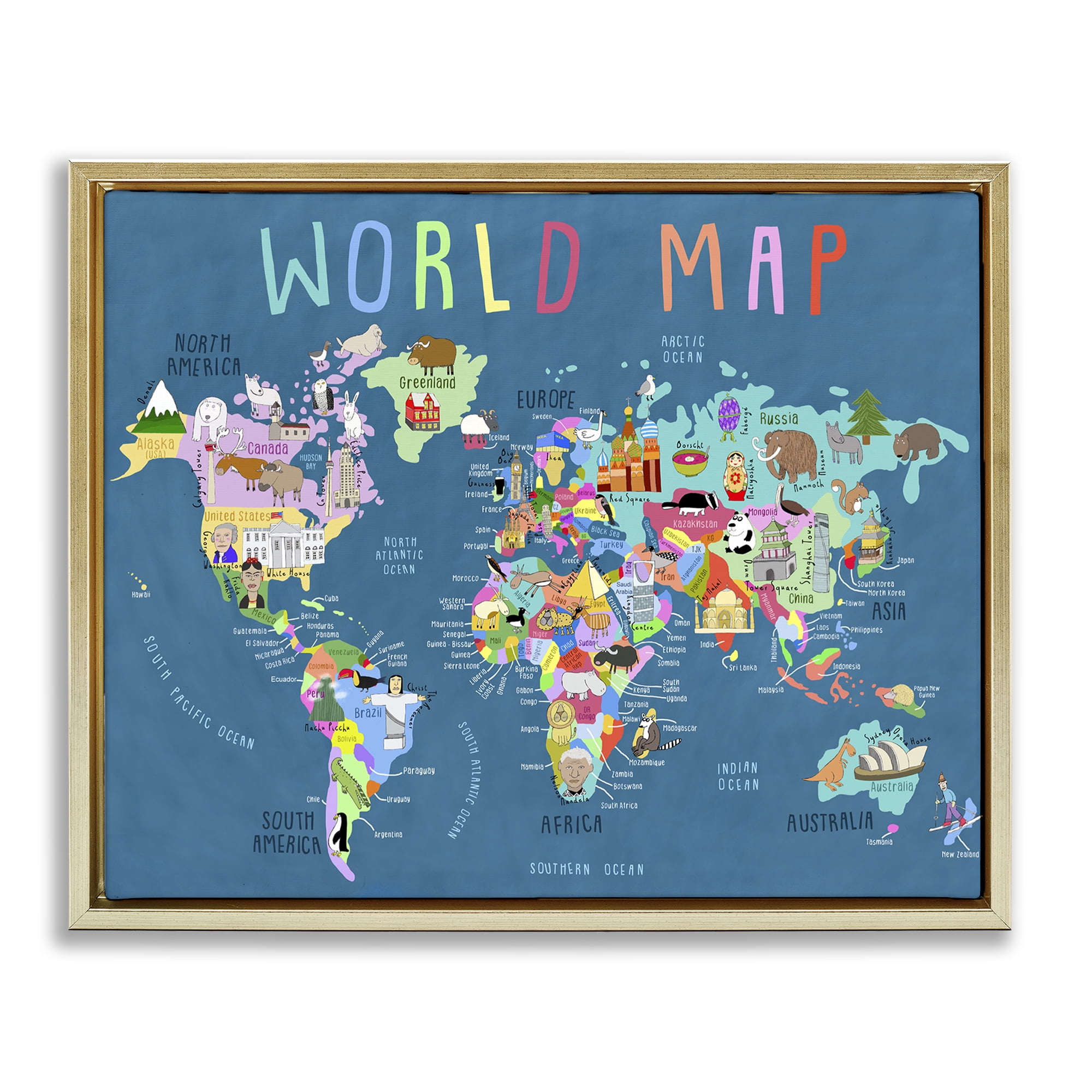 Stupell Industries World Map with Landmarks Education Painting Gold Floater Framed Canvas Art Print Wall Art, 21 x 17
