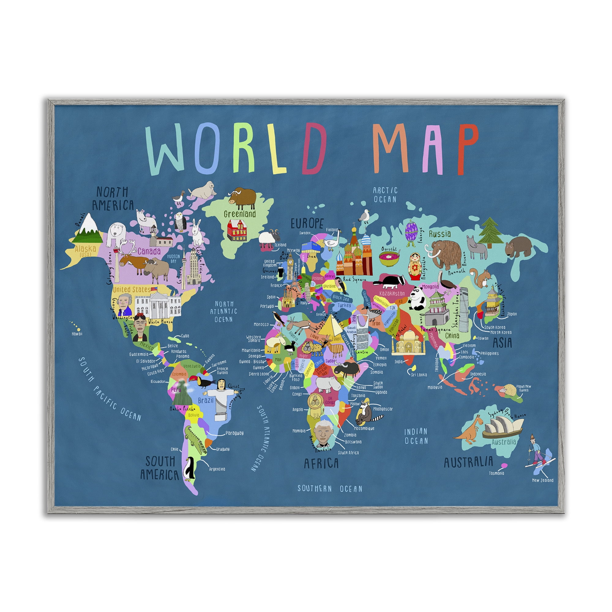 Stupell Industries World Map with Landmarks Education Painting Gray Framed Art Print Wall Art, 20 x 16