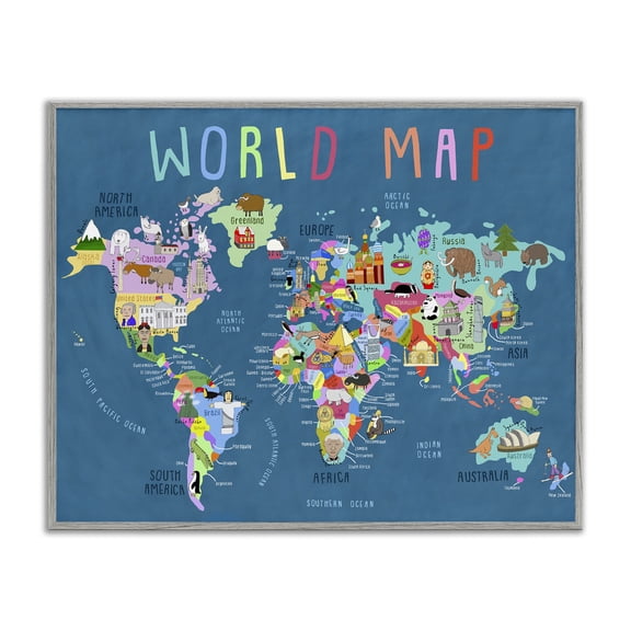 Stupell Industries World Map with Landmarks Education Painting Gray Framed Art Print Wall Art, 30 x 24