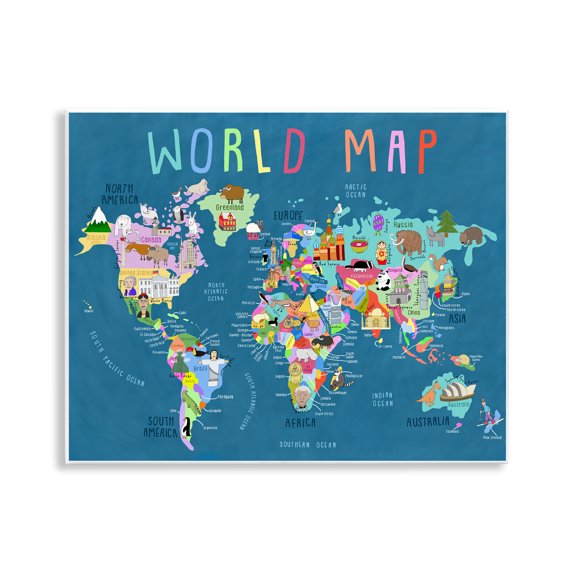 Stupell Industries Modern World Map with Landmarks Wall Plaque Art, 14 x 11, by Carla Daly