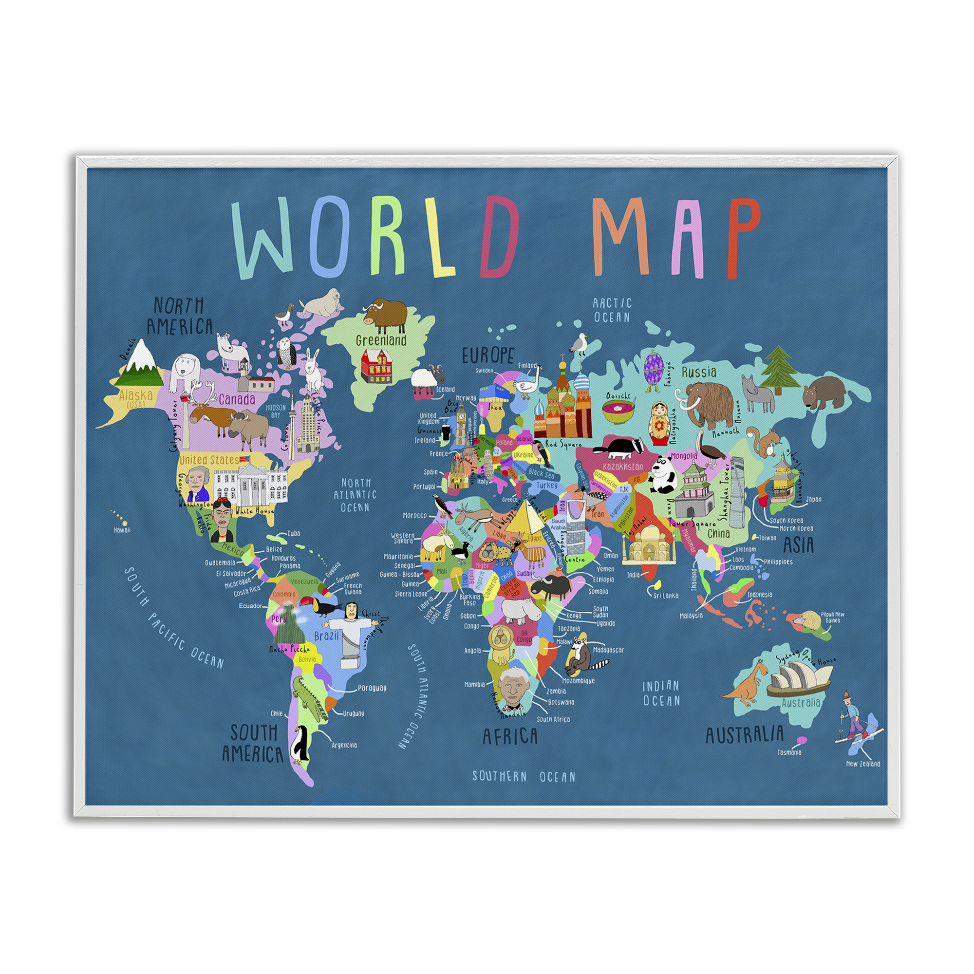 Stupell Industries World Map with Landmarks Education Painting White Framed Art Print Wall Art, 30 x 24