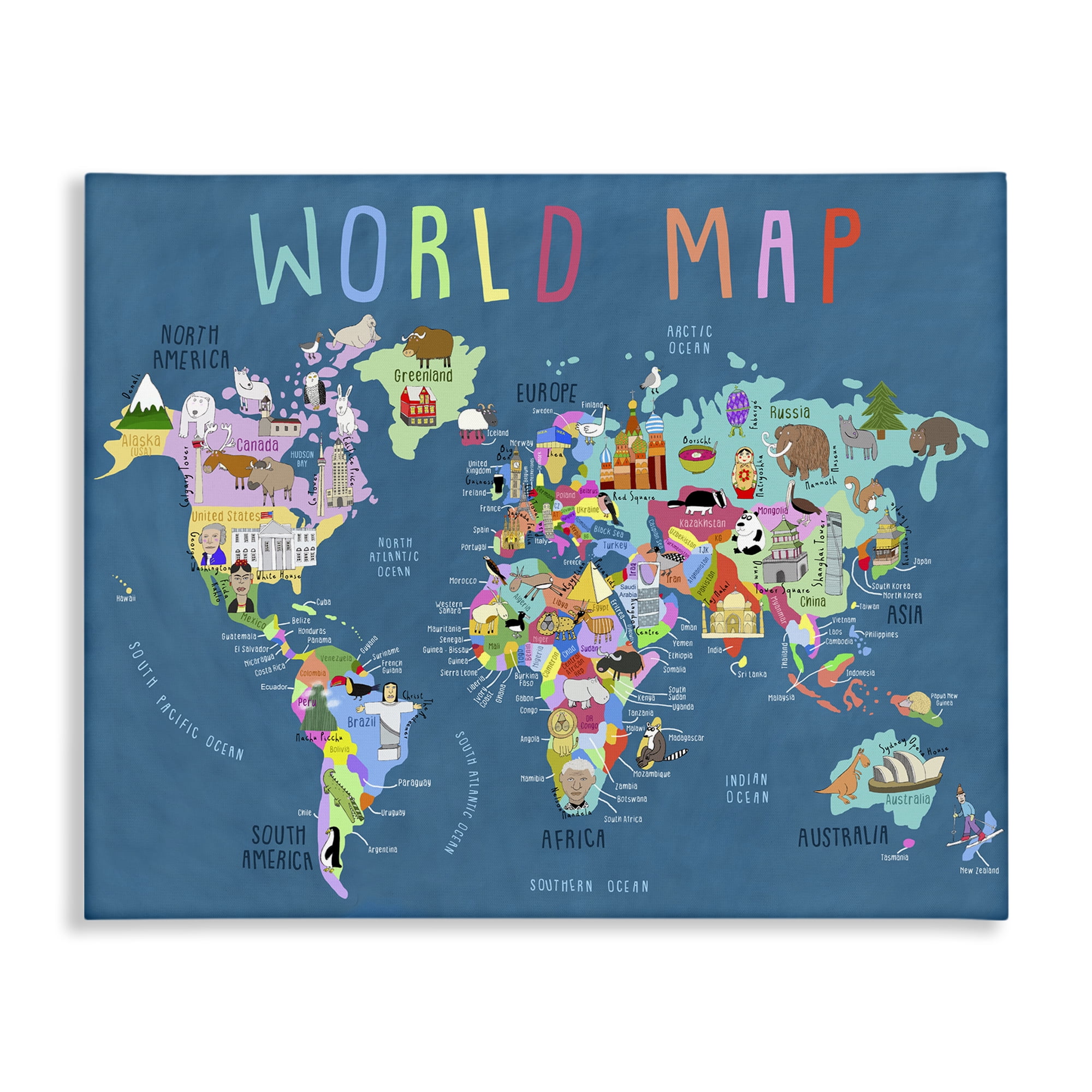 Stupell Industries World Map with Landmarks Education Painting Wrapped Canvas Art Print Wall Art, 48 x 36